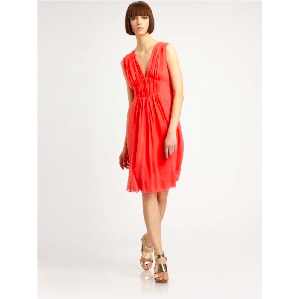 L’AGENCE 100% Silk Red Coral Shirred Goddess Dress - Picture 3 of 11